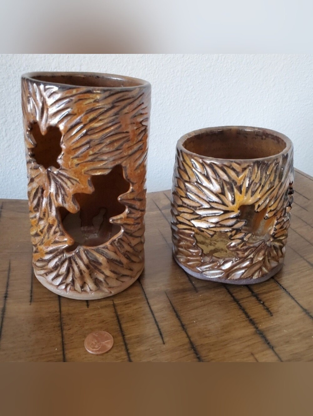 Artisan Stoneware Votive Lanterns with Autumn Maple Leaf Cutouts Set Of 2 - Picture 2 of 6